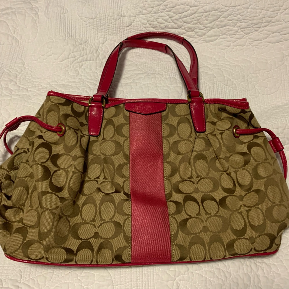Coach Pink and Tan Tote Bag with Signature Monogram